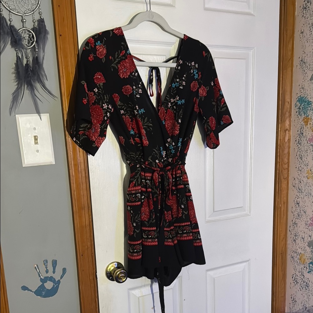 Floral Black and Red Romper